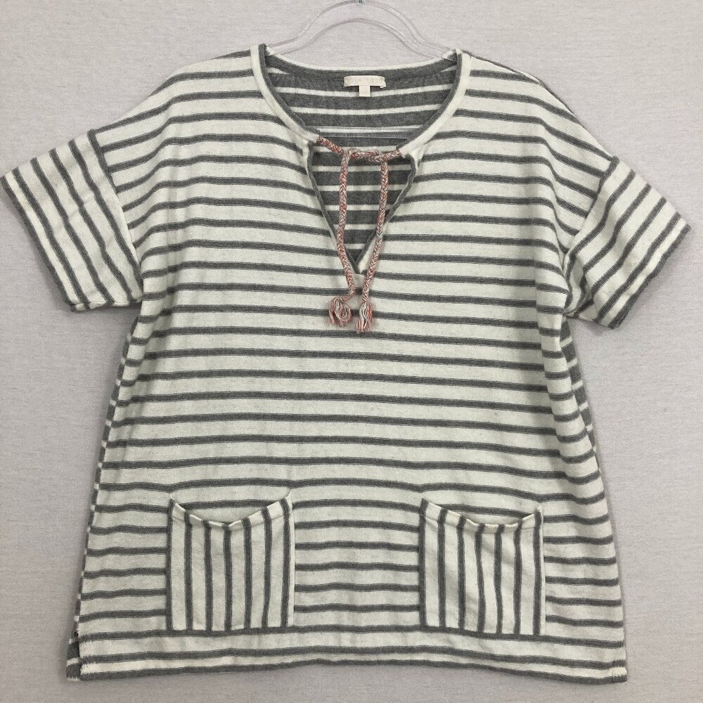 Lisa Todd Gray Striped Cotton Cashmere Blend Tie Front‎ Lagenlook Knit Top 1X